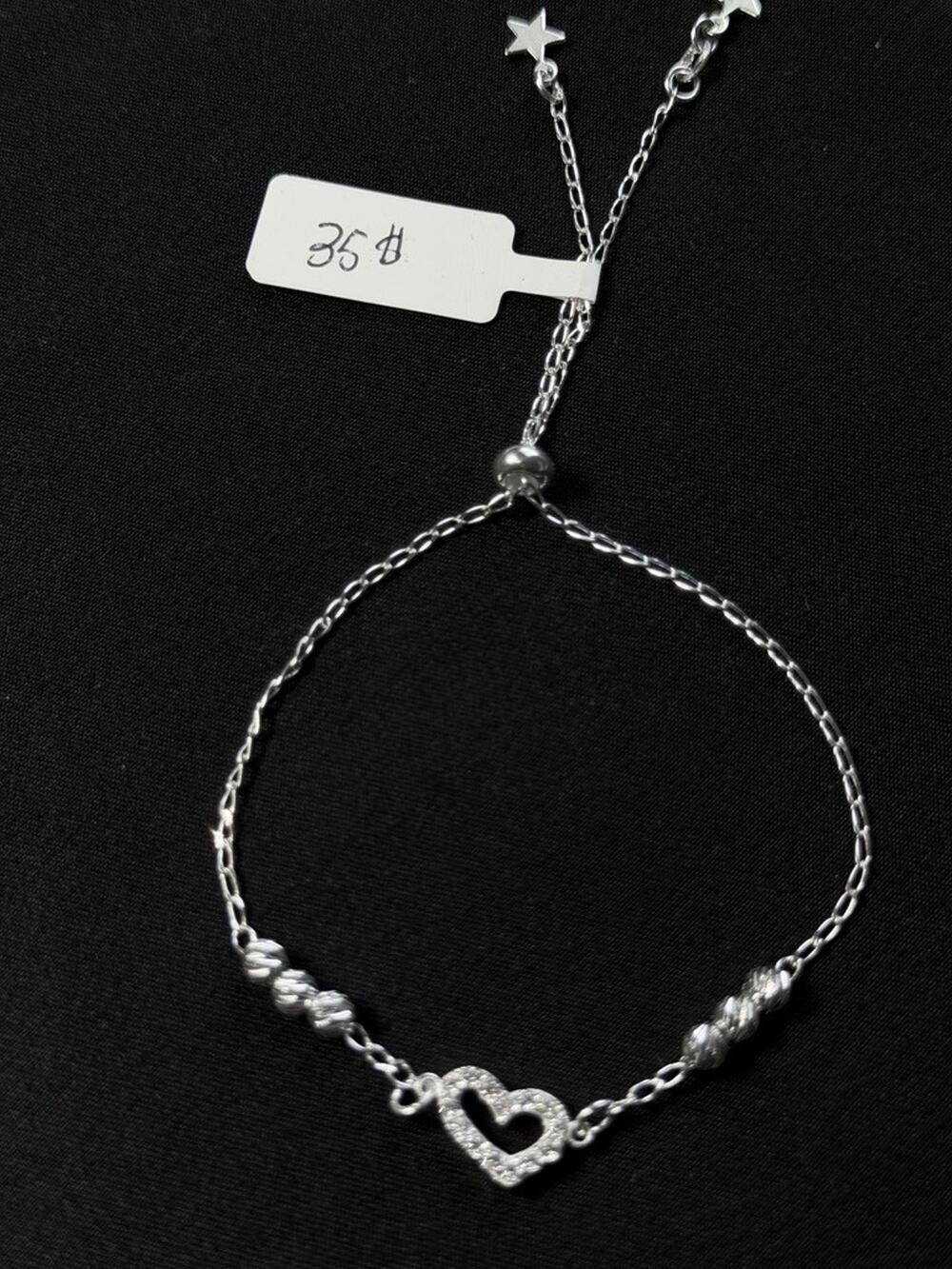 Silver Tone Adjustable Bolo Bracelet Clear Rhinestone Heart Textured Beads Star